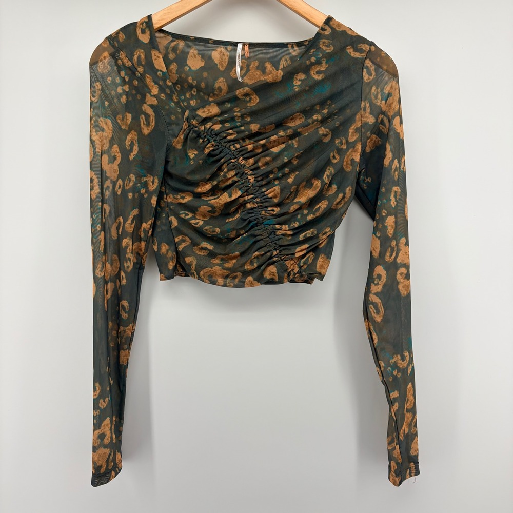 Free People Mesh Crop Top Ruched Long Sleeve Leopard Print Green Women Size S